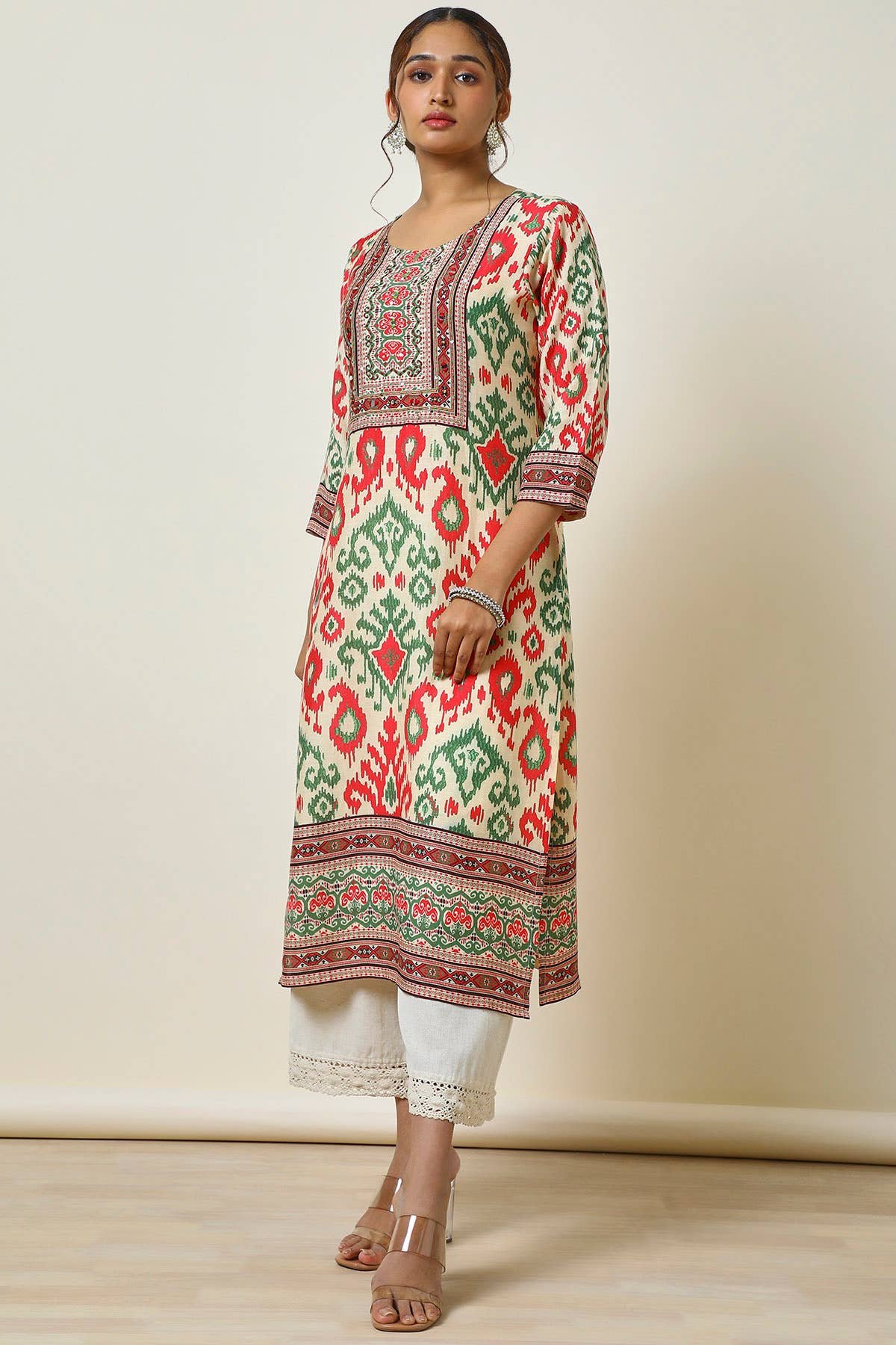 Cream Printed Linen Blend Kurta With Mirror Work