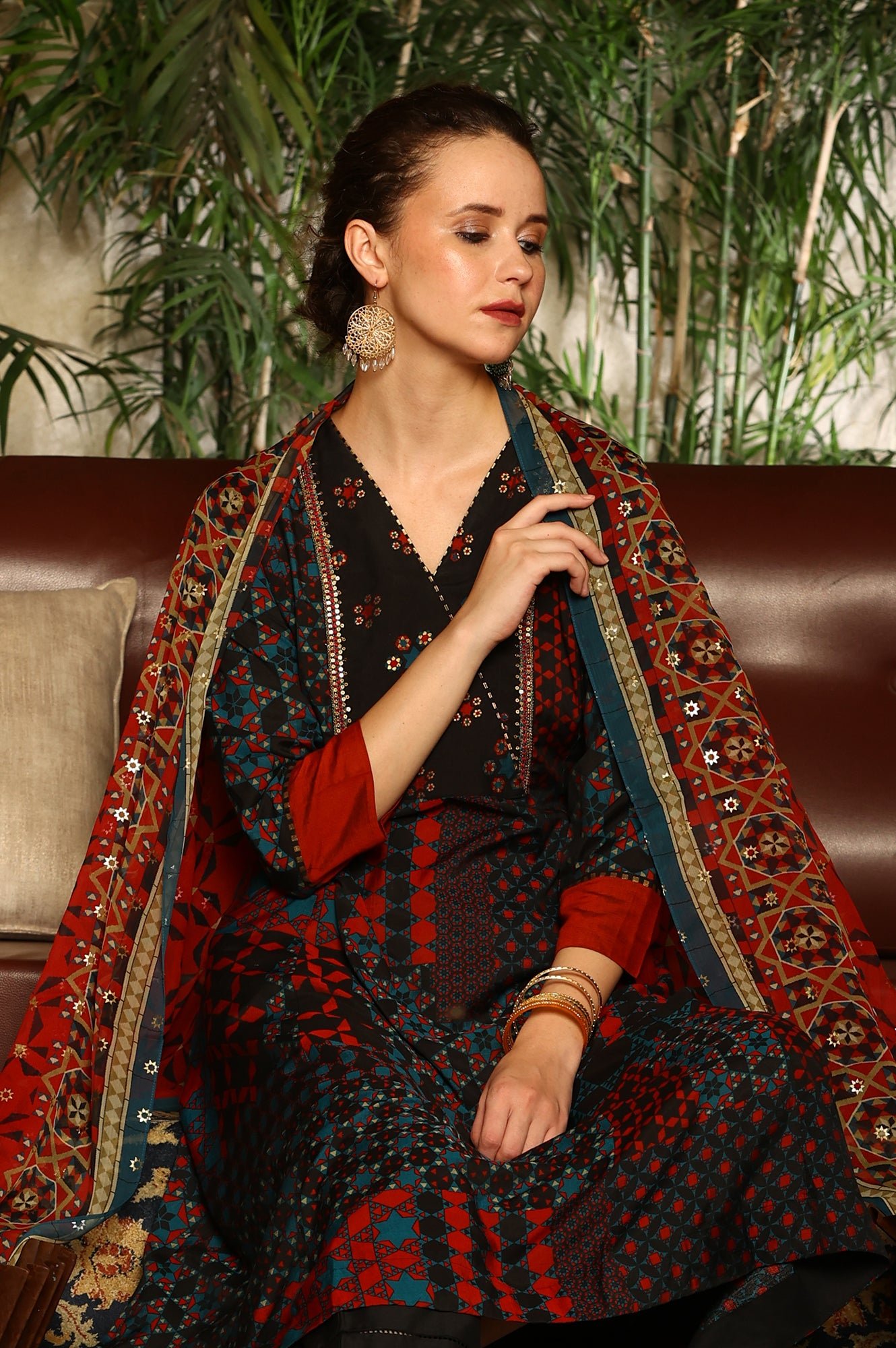 Black Multi-Coloured Patch Printed Metallic Embroidered A-Line Kurta, Pants And Dupatta Set - Image 6