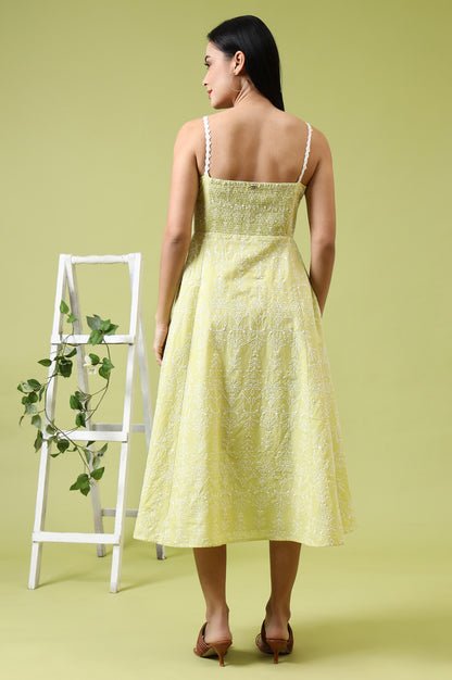 Lime Green Schiffli Embroidered Pure Cotton Flared Spaghetti Dress - Image 2